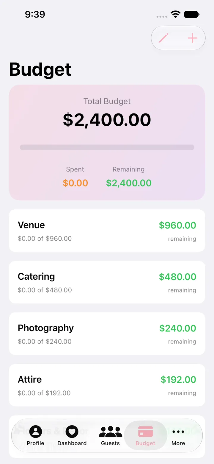 Vow Planner Budget screen on iPhone showing a total budget with spent and remaining amounts, plus category budgets for Venue, Catering, Photography, and Attire
