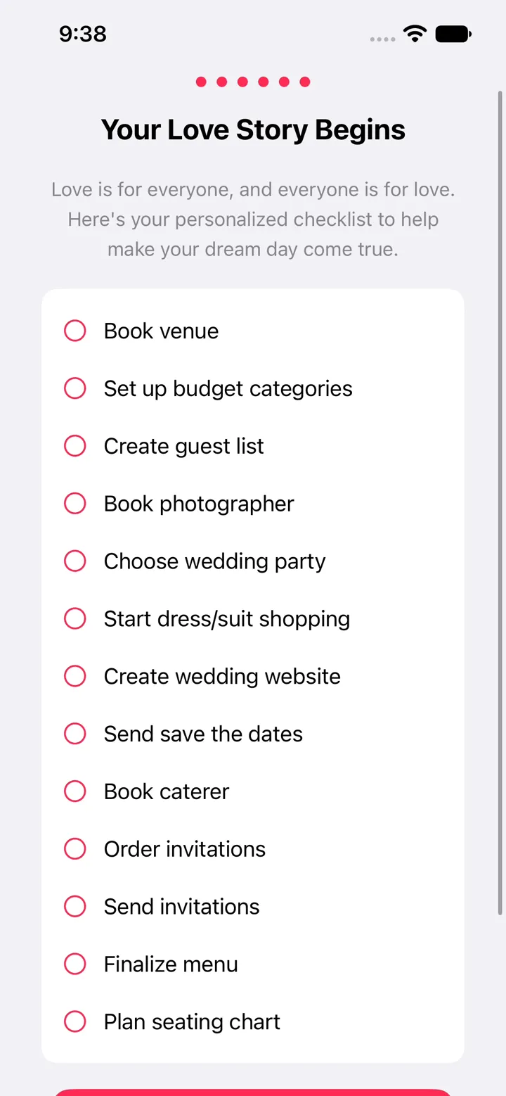 Vow Planner personalized wedding checklist on iPhone with tasks like Book venue, Create guest list, Book photographer, and Create wedding website