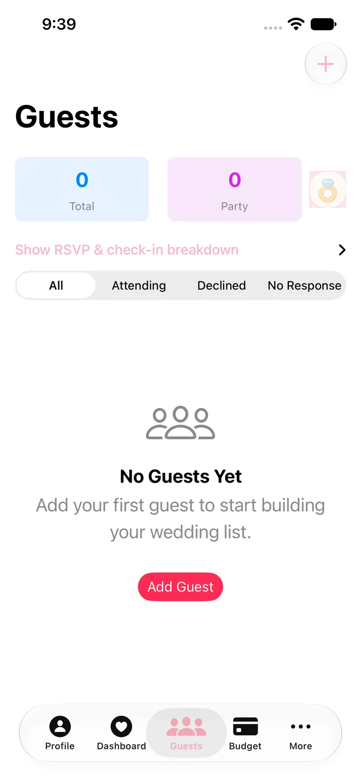 Vow Planner Guests screen on iPhone showing total and party counts, RSVP filters for All, Attending, Declined, and No Response, and an Add Guest button
